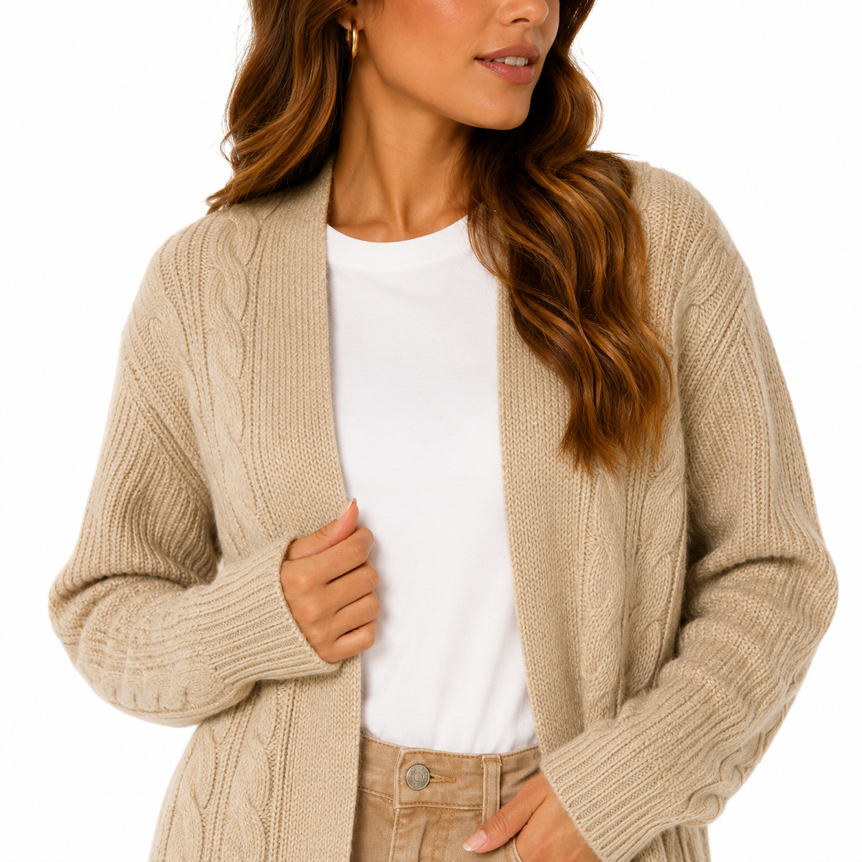 Beige Cable Knit Cardigan Women