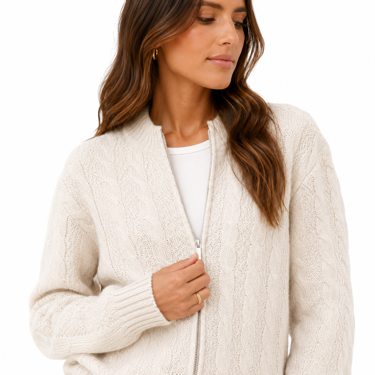 Beige Cable Knit Zip-Up Bomber Jacket for Women 