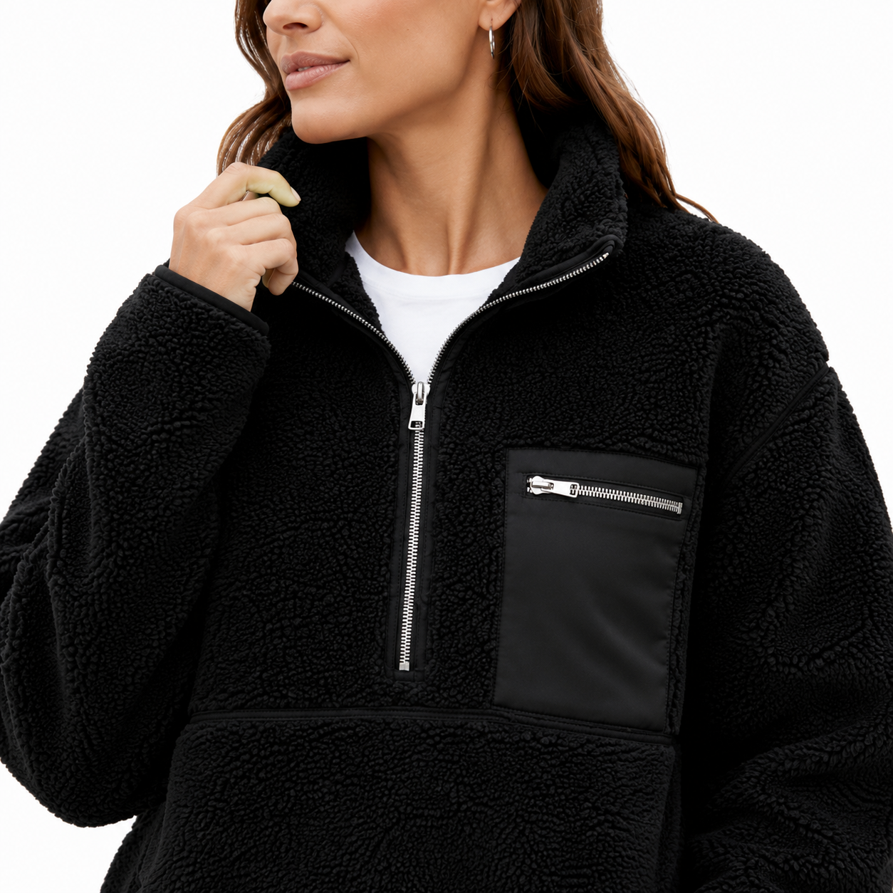 Black Half Zip Borg Fleece for Women