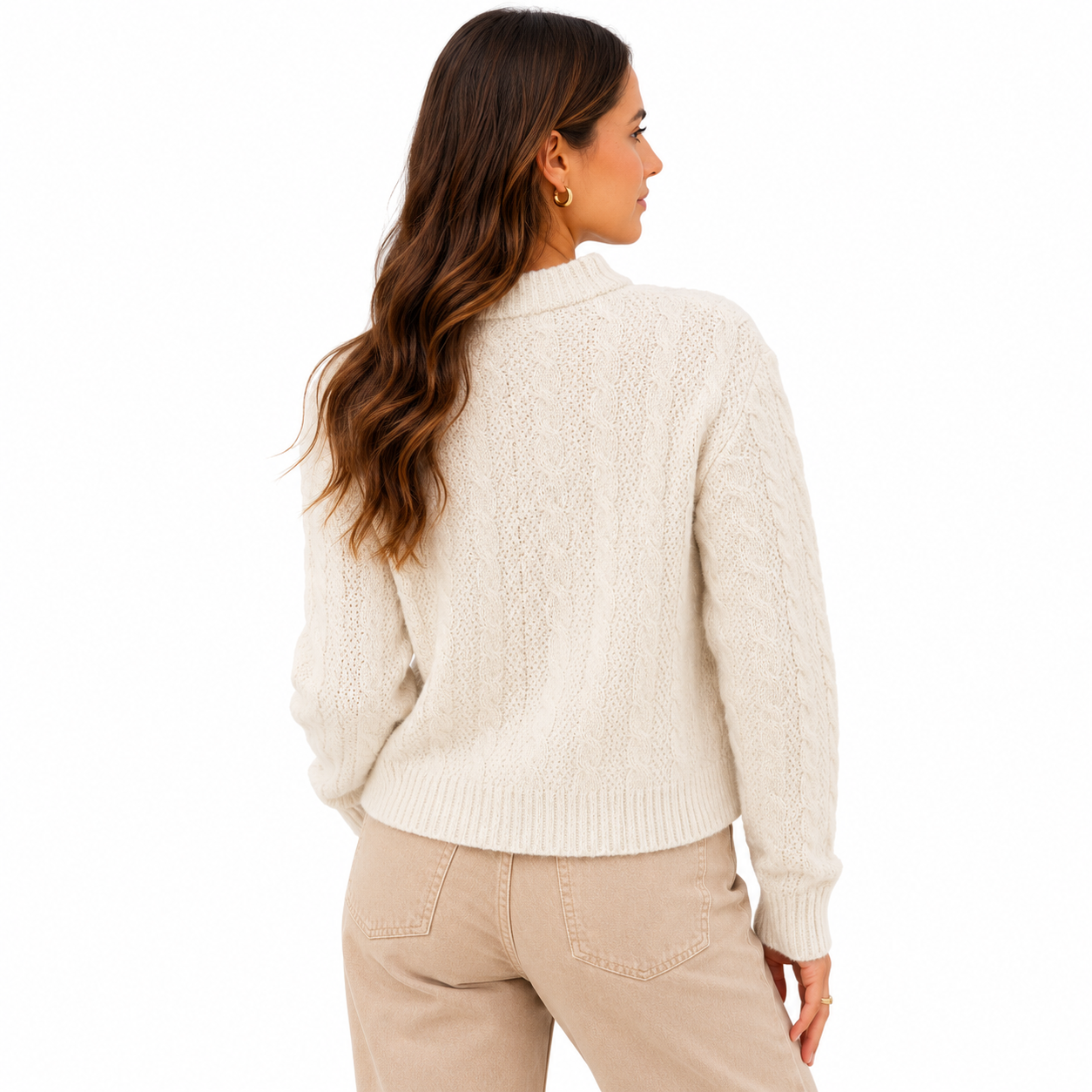 Women Beige Cable Knit Zip-Up Bomber Jacket