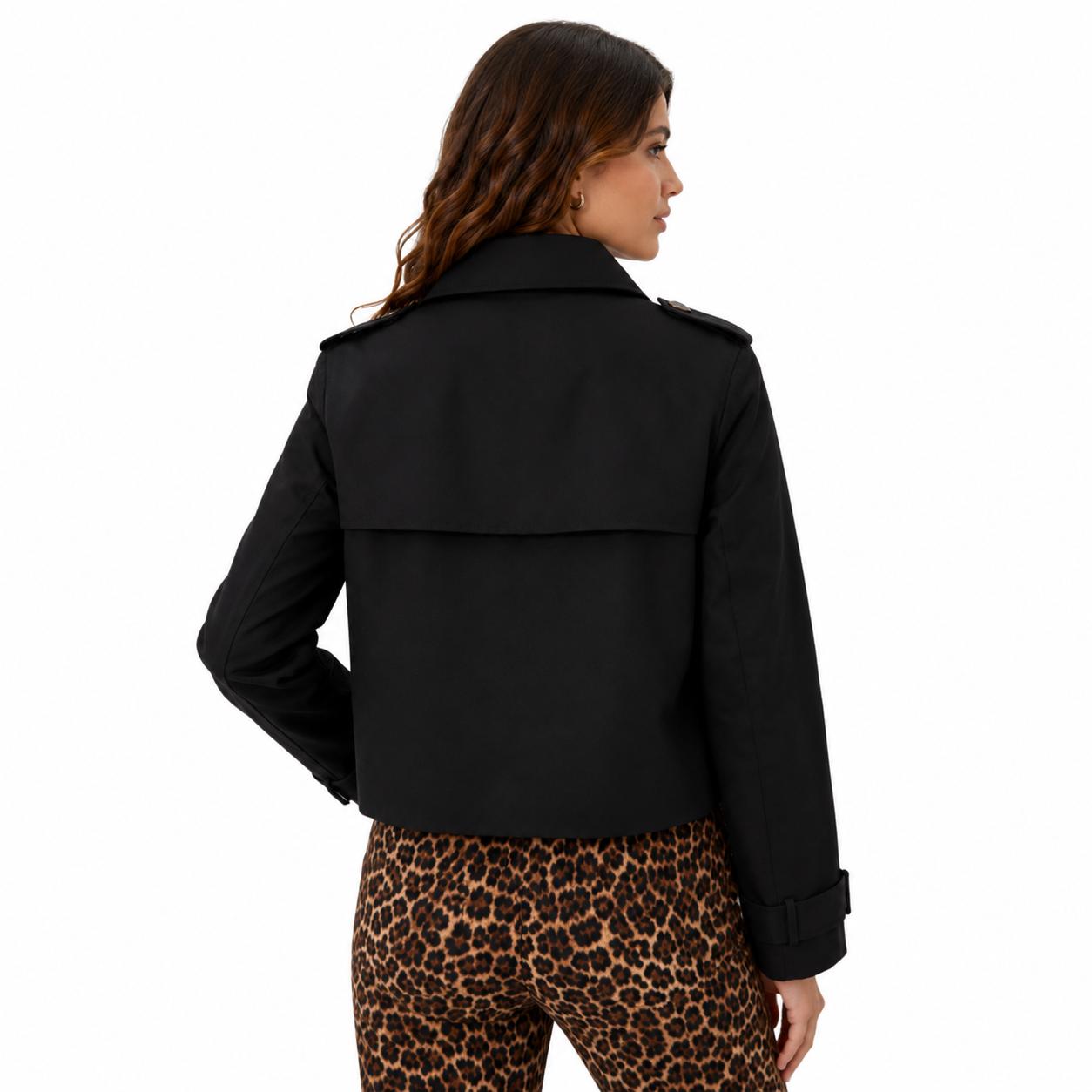 Women Black Double Breasted Cropped Trench Coat