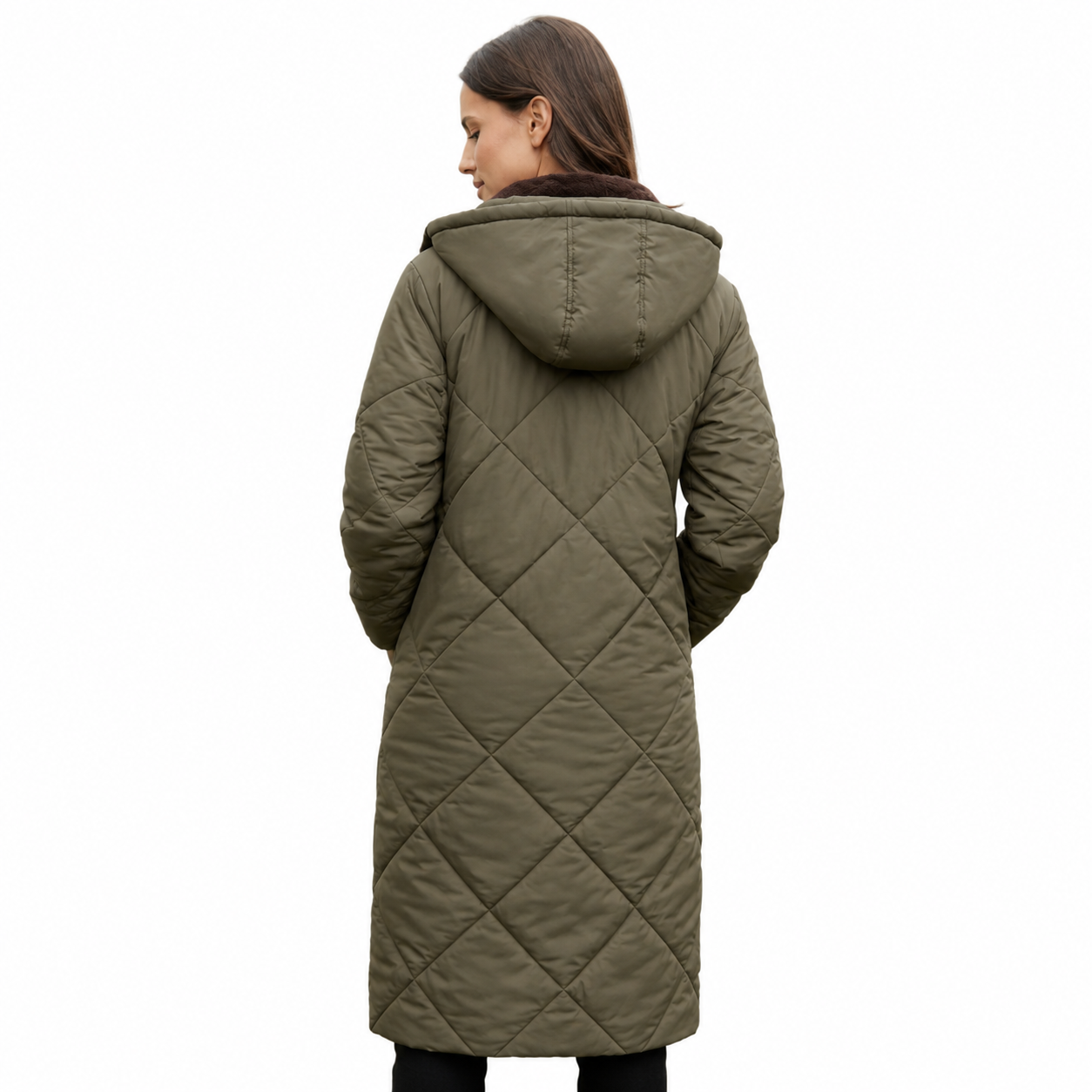 Women Khaki Diamond Quilted Heritage Longline Burn Jacket