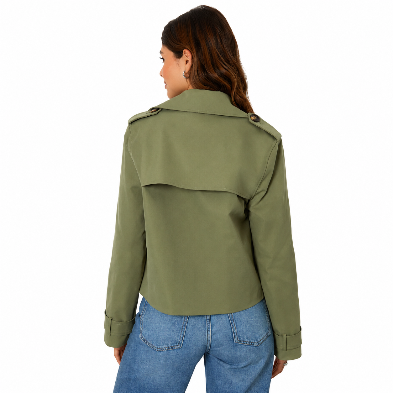 Women Khaki Double Breasted Cropped Trench Coat