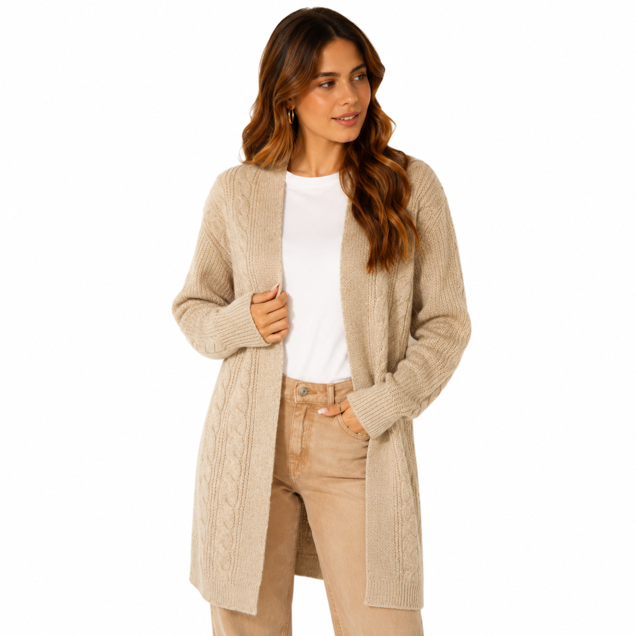 Women's Beige Cable Knit Cardigan