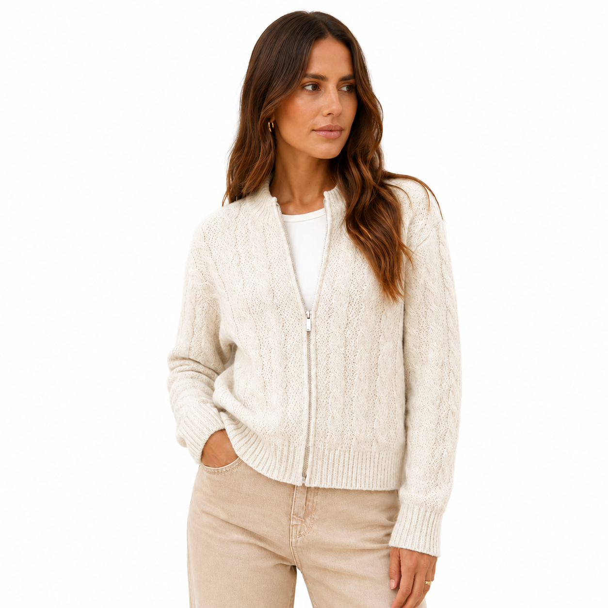 Women's Beige Cable Knit Zip-Up Bomber Jacket
