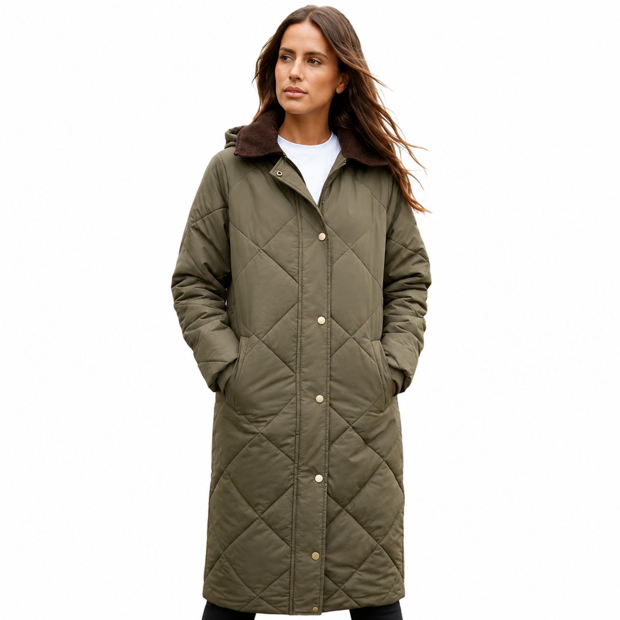 Women's Khaki Diamond Quilted Heritage Longline Barn Jacket with Removable Hood