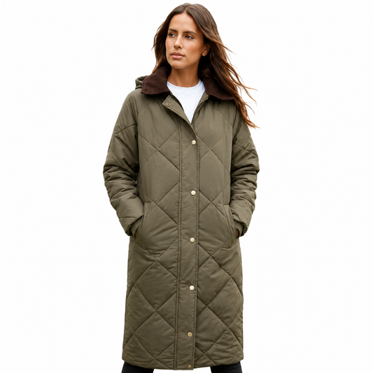 Women's Khaki Diamond Quilted Heritage Longline Barn Jacket with Removable Hood