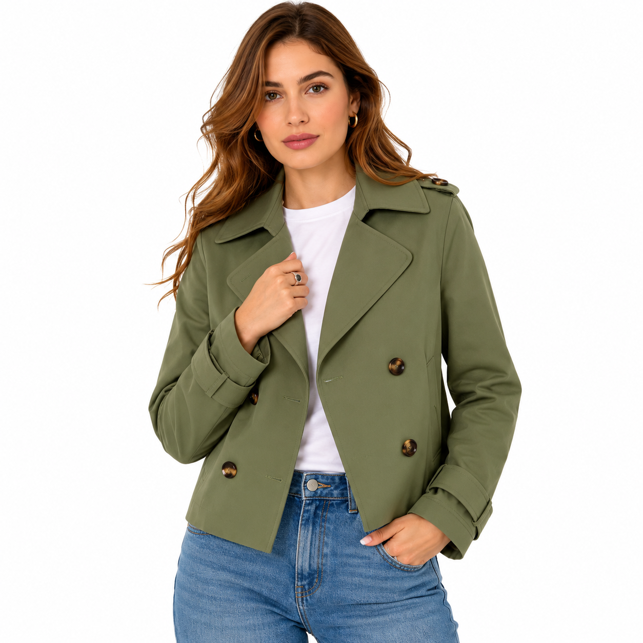 Women's Khaki Double Breasted Cropped Trench Coat